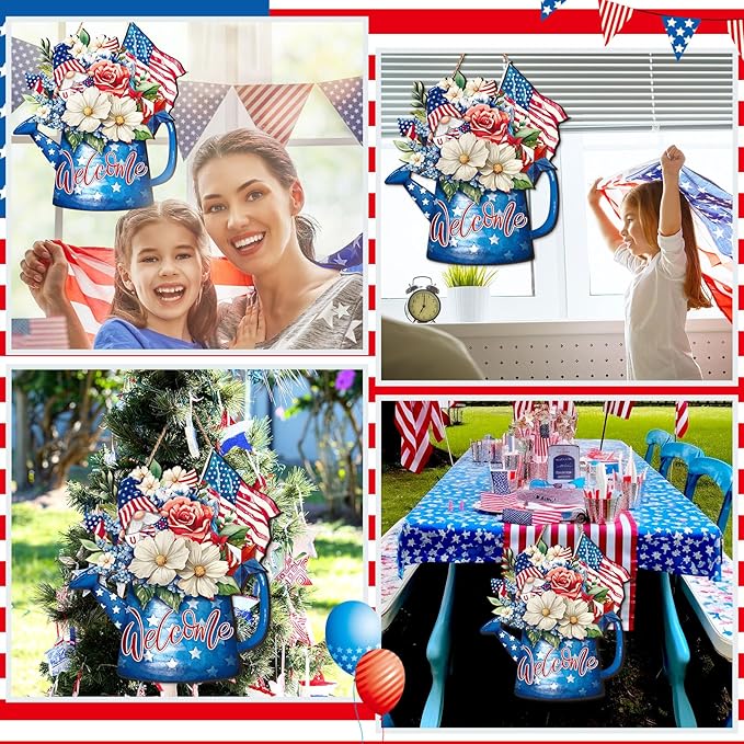 Juexica 4th of July Door Decor Patriotic Wooden Hanging Sign Independence Day Memorial Day Decoration American Flag Bouquet Door Hanger for Outdoor Farmhouse Porch