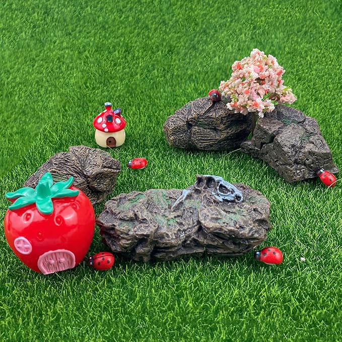 7Pcs Artificial Tree Stumps and Miniature Fake Stone Rocks for Micro Landscape Decor Resin Moss Terrariums Bonsai Decor