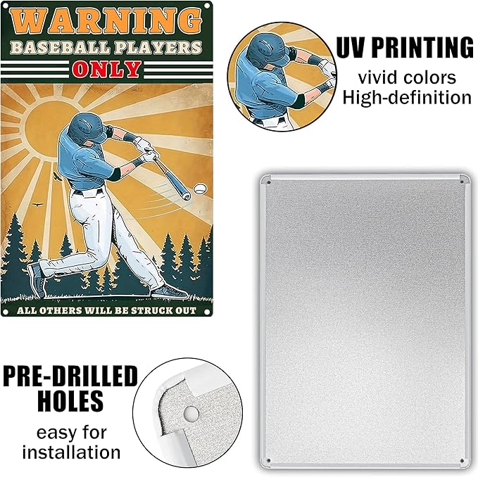 Vintage Baseball Metal Signs-Warning Baseball Players Only Sign,Baseball Gifts for Boys 8-12 Decorations For Bedroom 8x12 Inch