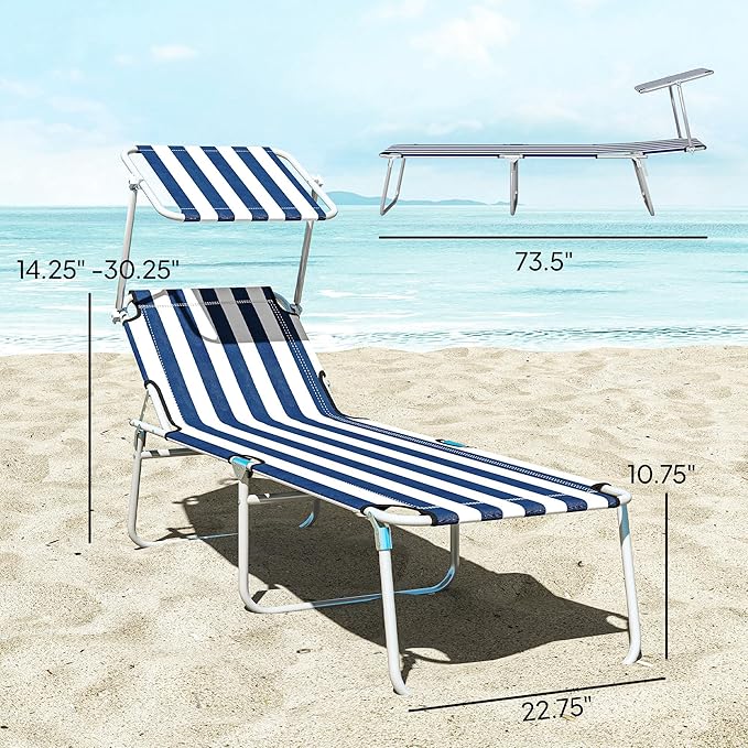 Outsunny Outdoor Lounge Chair, Adjustable Folding Chaise Lounge, Tanning Chair with Sun Shade for Beach, Camping, Hiking, Backyard, Blue and White