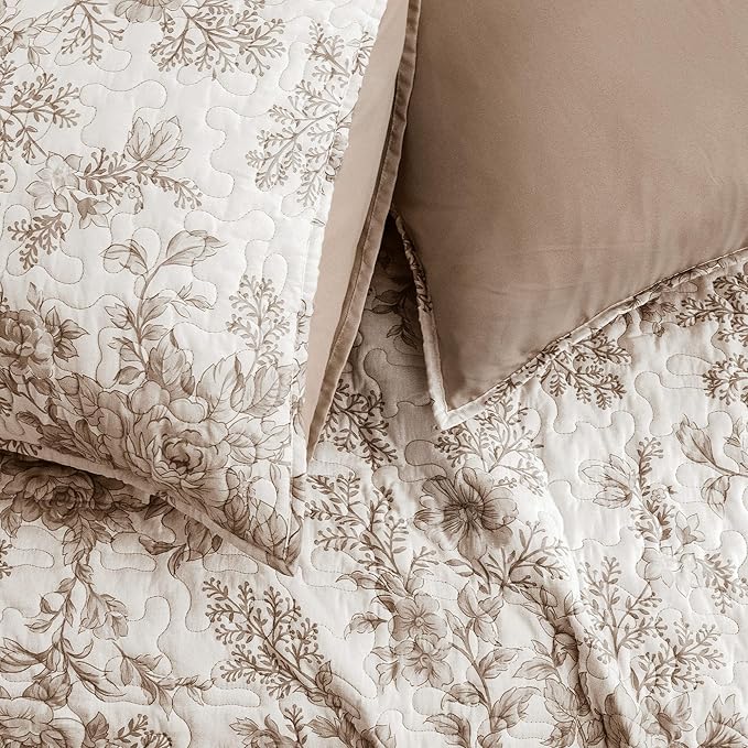 Wonderful Floral Cotton Quilt King Size Stitch Bedding Set, Taupe Lightweight Comforter Cabin Blanket Farmhouse Bedspread with Pillow Shams for All Season