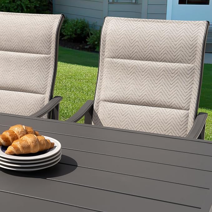 NUU GARDEN 7-Piece Outdoor Patio Dining Set - 6 Textilene Dining Chairs & 60.6" Table with Umbrella Hole, Weather-Resistant Furniture for Yard Porch Poolside Garden, Beige