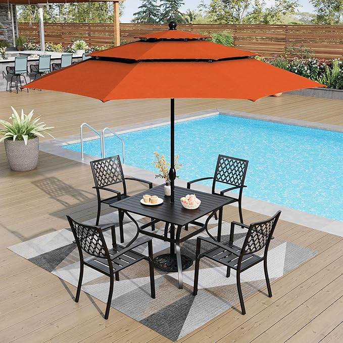 PHI VILLA Outdoor Dining Set 6 PCS with 10ft 3-Layer Round Umbrella(Orange Red),1 Square 37"x 37"Dining Table,4 Bistro Chairs& 10ft Patio Umbrella