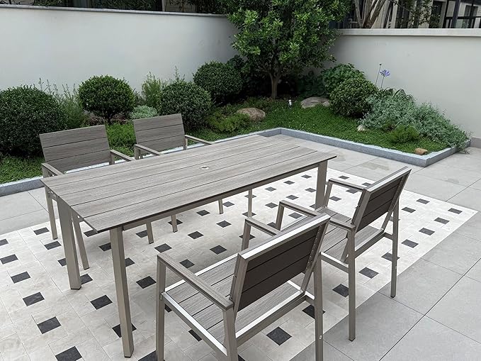 Outdoor Dining Set for 6, Patio Table and Chairs Set with Umbrella Hole, 7 Pieces HDPS + Aluminum Outdoor Furniture Sets for Patio, Garden (Sliver)