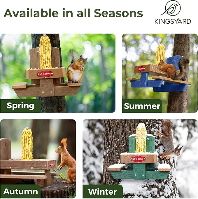 Kingsyard Squirrel Feeder Table for Outside, Recycled Plastic Squirrel & Chipmunk Picnic Table Feeder with Corn Cob Holder, 2 x Solid Structure Benches, Easy to Clean (Brown)