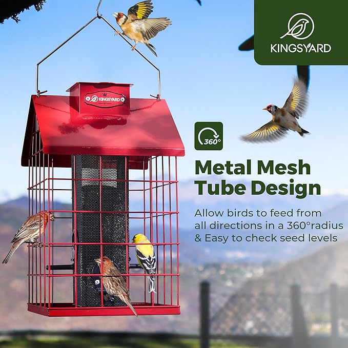 Kingsyard Squirrel Proof Caged Bird Feeder for Outdoor Hanging - Weatherproof Metal Mesh Tube Finch Bird Feeder with 4 Ports for Nyjer/Thistle Seed, Small Birds Goldfinches, Chickadees, Red