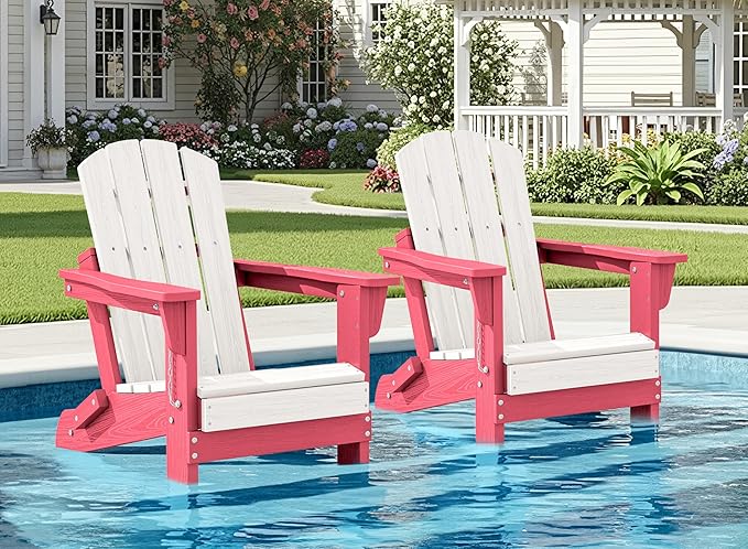 SERWALL Kids Adirondack Chair Sets for 2, HDPE Adirondack Chair for Children,All-Weather Resistant for Patio, Garden, Backyard - White and Light Pink