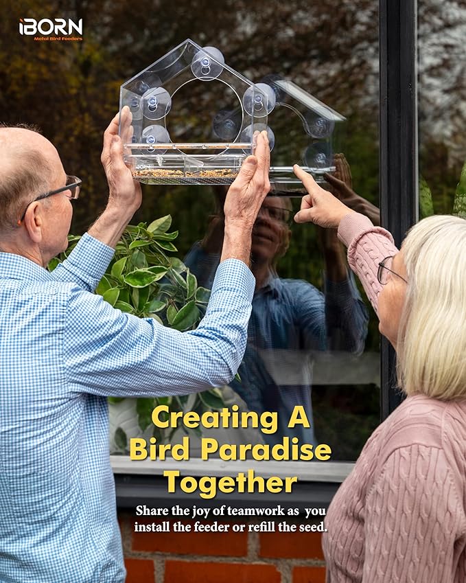 iBorn 2026 New Window Bird Feeders for Outdoors Wind-Proof Tray Lock,Cardinal Bird Feeder with Strong Suction Cups for Window Birds Watching, Chewproof PC, for Parent &Child