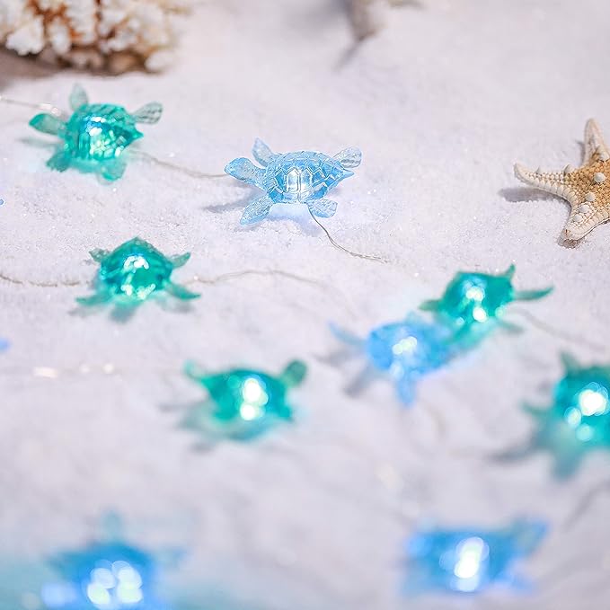 Blue Sea Turtle String Lights Battery Powered Summer Beach Decor with Remote Acrylic Sea Turtle Decor for Bathroom Shower Curtain