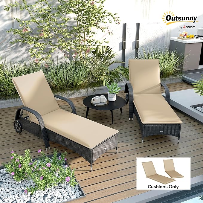 Outsunny Outdoor Lounge Chair Cushion Set of 2, UPF50+ 200gsm Fabric and 25D High-Density Foam, Foldable Patio Chaise Lounge Cushion Set, Fade Resistant for Lawn Pool, 76" x 23", Beige