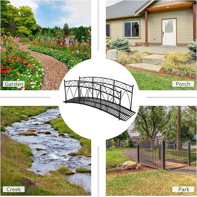 Kinlife 8 FT Metal Arch Garden Bridge – Heightened Patio Outdoor Bridge with Safety Guardrails, Decorative Landscaping Iron Footbridge for Backyard Creek Lawn Stream Fish Pond, Black