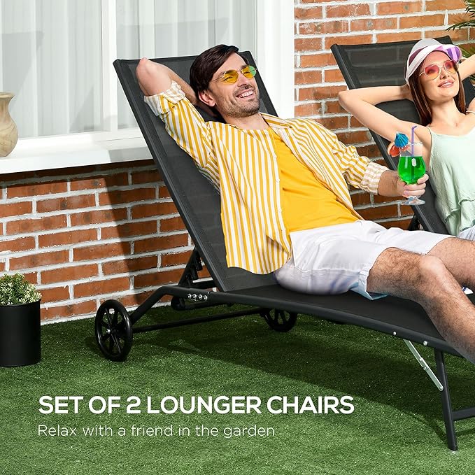 Outsunny Chaise Lounge Outdoor, 2 Piece Lounge Chair with Wheels, Tanning Chair with 5 Adjustable Positions for Patio, Beach, Yard, Pool, Black