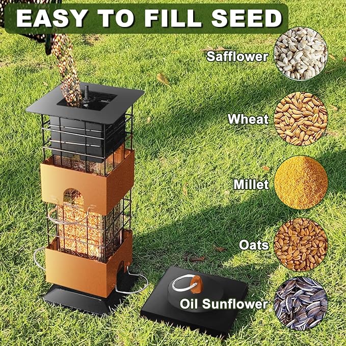 Squirrel Proof Bird Feeder,3Lbs Metal Birdfeeders Squirrel Proof with 4 Feeding Ports for Outside, Birds Seed Feeder for Outdoors, Cardinal, Finch, Sparrow (Brown)