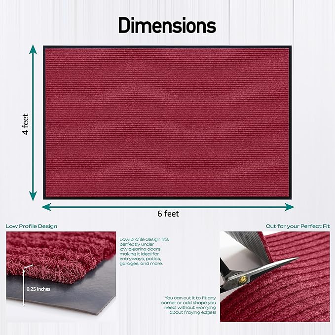LuxUrux Striped Red Door Mat - Heavy Duty, Indoor/Outdoor, Easy Clean, Waterproof, Low-Profile (4 x 6 Feet) - Ideal for Entry, Patio, Garage - Durable Solution for High Traffic Entrance Ways