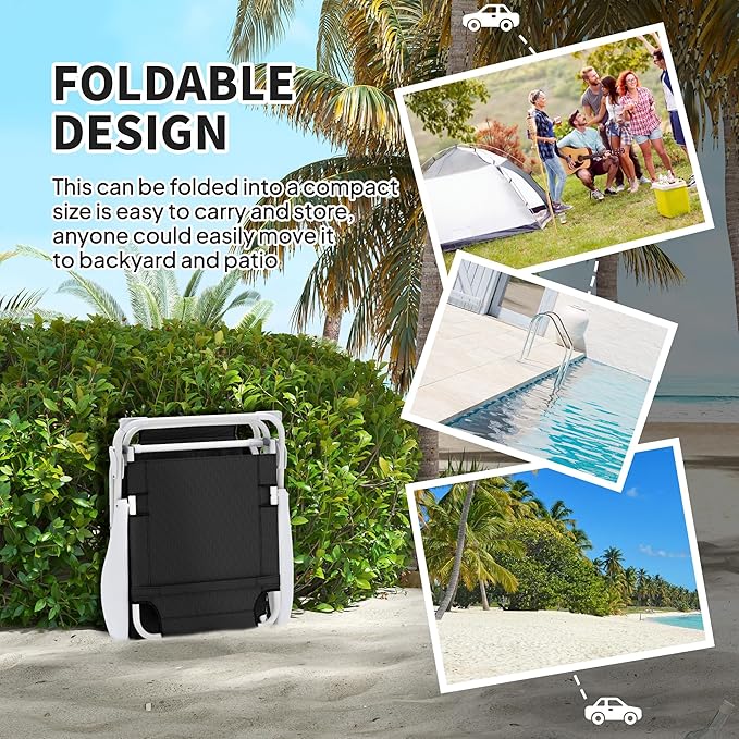 Outsunny Folding Lounge Chair, Portable Outdoor Chaise Lounge, Sun Tanning Chair with 4-Position Reclining Back, Armrests, Metal Frame and Mesh Fabric for Beach, Yard, Patio, Black