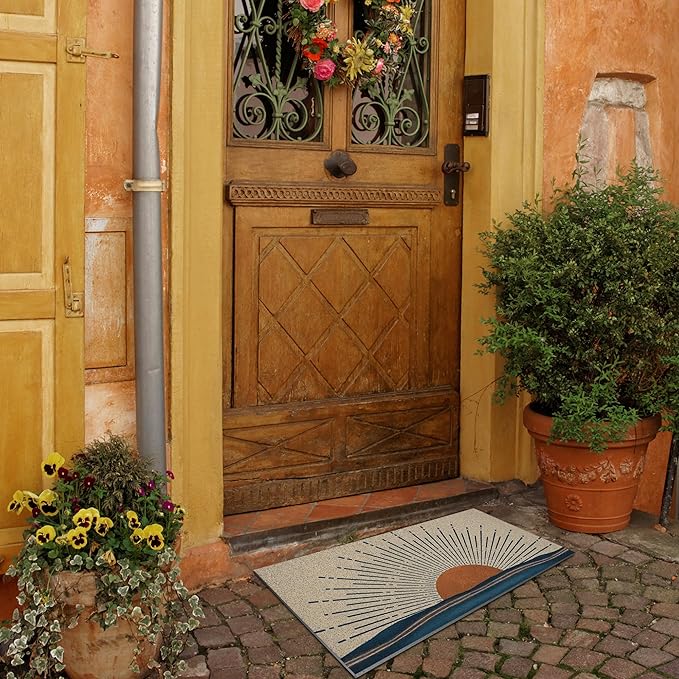 Nogrit Abstract Boho Sun Sunrise Sunshine Ocean Wave Mid Century Modern Waterproof Door Mat Outdoor Entrance 17x30 Inch Non-Slip Doormat for Bohemian Home Front Door Porch Outdoor Indoor Decorations