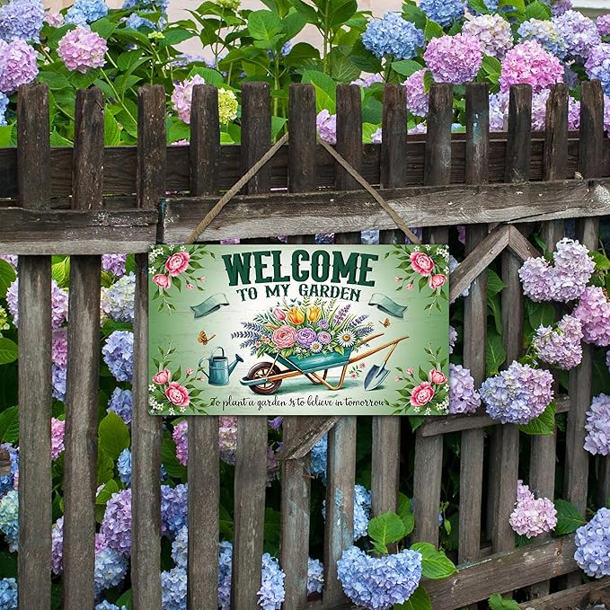 Welcome To My Garden Sign - Green Wooden Hanging Spring Decor for Country Rustic Garage Home Farmhouse Wall Fence Decor Garden Gift for Mothers, Grandmas, and Plant Lovers -A01