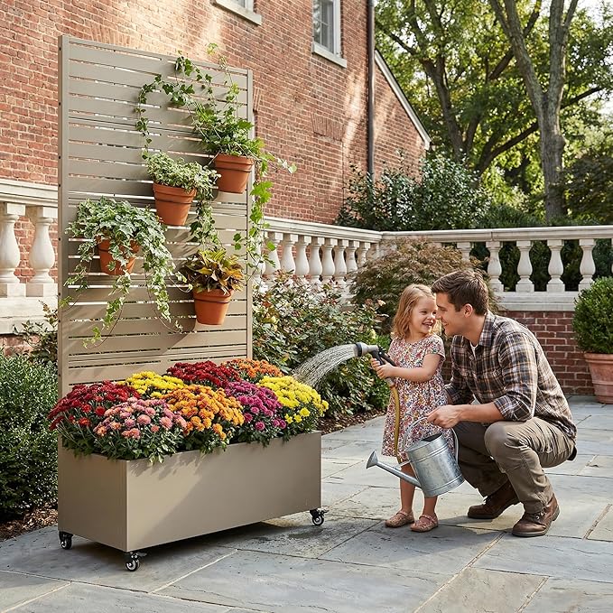 Casaphoria Metal Raised Garden Bed with Trellis and Wheels, 72"x35"x16" Planter Box for Climbing Plants, Vegetables & Vines, Features Drainage Holes and Privacy Screen, Green-Louvered