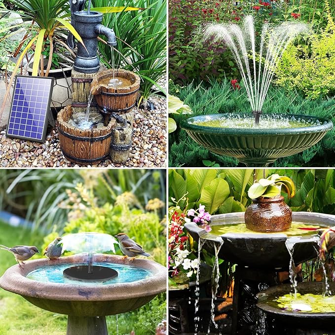 POPOSOAP 8W Solar Water Pump Built-in 3600mAh Battery Backup, Solar Bird Bath Pump with 9.8Ft Cable, 8 Nozzles & PVC Tubing, Solar Fountain for Bird Bath Garden Fish Tank Pond Water Feature P108D