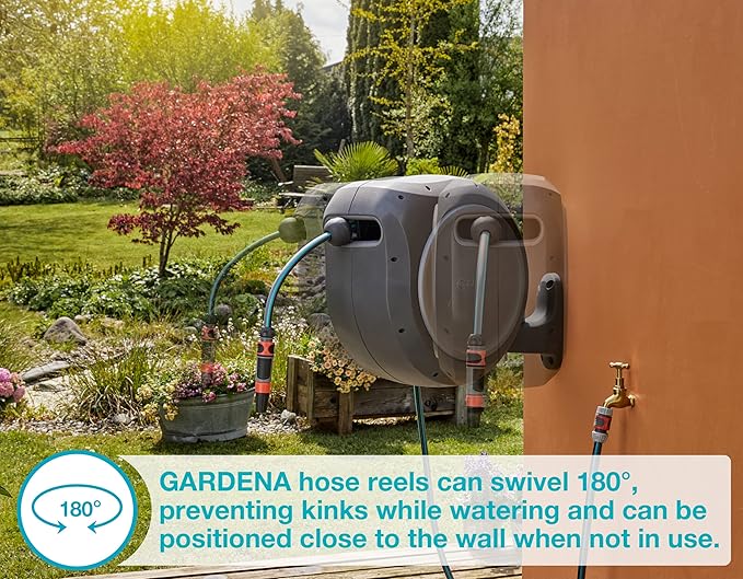 GARDENA (20500) Retractable Garden Hose Reel 50' x 1/2" hose, Wall Mounted, Automatic Retraction & Length Lock for Easy Watering. Heavy Duty Swivel Bracket 180°, Includes Nozzle. Made in Europe