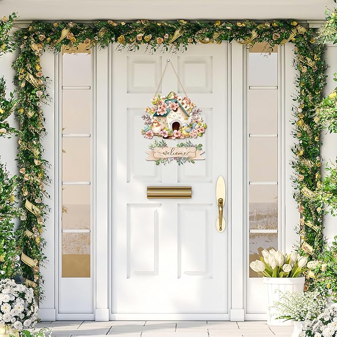 Decorative Spring Door Hangers Welcome Sign Blooming Flowers Birdhouse Wall Tags Plaque for Farmhouse Porch Front Yard Ornament Ironwork