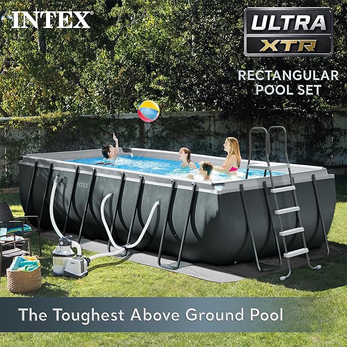 Intex 18 Foot by 52 Inch Ultra XTR Framed Above Ground Swimming Pool Set with Sand Filter Pump, Pool Cover and Ladder, Canopy, and Ground Cloth, Gray