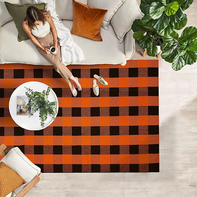 IOHOUZE Fall Buffalo Plaid Check Rug Outdoor Doormat 4x6 Ft Washable Woven Outdoor Indoor Welcome Mats for Front Door/Farmhouse/Entryway/Home Entrance Black and Orange Outdoor Rug