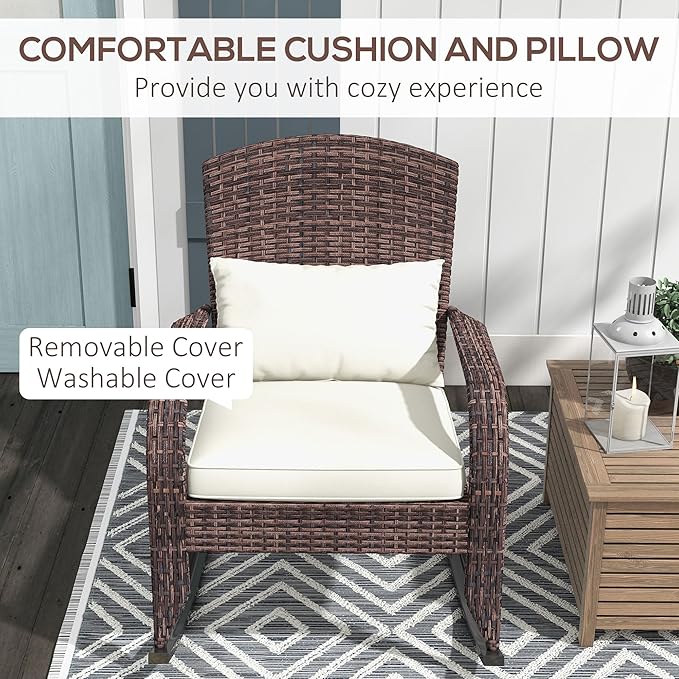 Outsunny Outdoor Wicker Adirondack Rocking Chair, Patio Rattan Rocker Chair with High Back, Seat Cushion, and Pillow for Garden, Porch, Balcony, Cream White