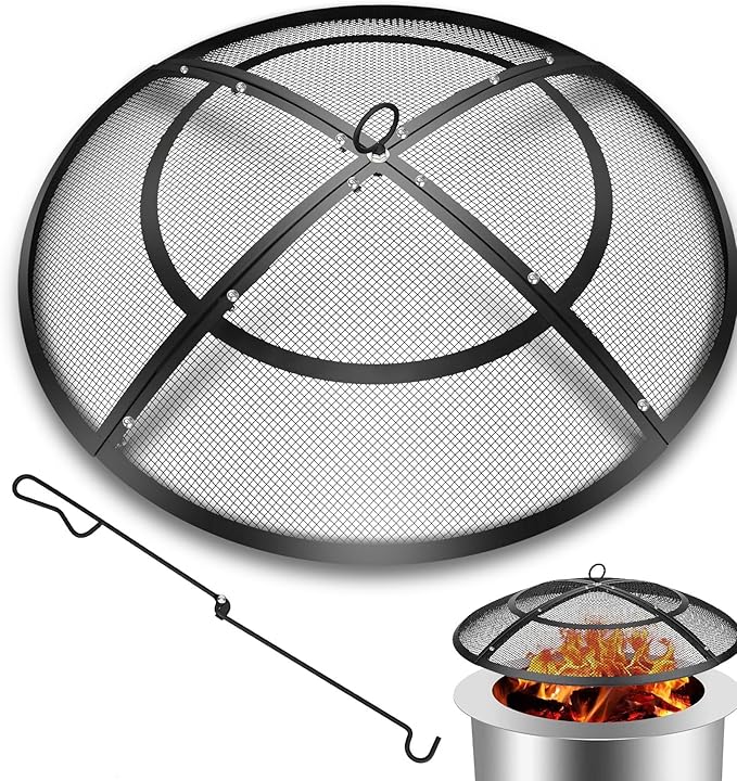 Fire Pit Spark Screen,40 Inch Fire Pit Screen Outdoor with Handle&Poker,Heavy-Duty Steel Fire Pit Cover Mesh Round Replacement Firepit Screens for Backyard/Beach/RV Camping