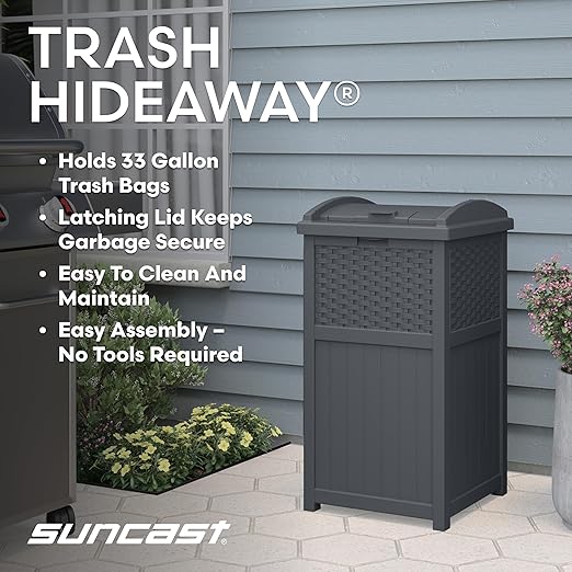 Suncast 33 Gallon Wicker-Style Hideaway Trash Can with Secure Latching Lid and Weather-Resistant Construction for Patio, Cyberspace Grey, Made in the USA