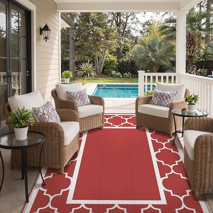 GENIMO 6' x 9' Outdoor Rug Waterproof for Patio Decor, Foldable Reversible Plastic Straw Area Rugs Mat for Camper, Outside Carpet for Rv, Deck, Porch, Picnic, Beach, Balcony, Red & White