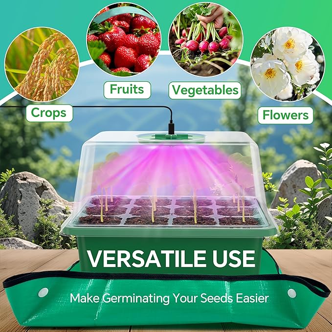 5 Packs Seed Starter Tray with LED Light, Upgraded 60 Cells Seed Starter Kit, Adjustable Brightness & Timing & Vents, Professional Seed Germination Kit for Indoor & Outdoor Plant Growing