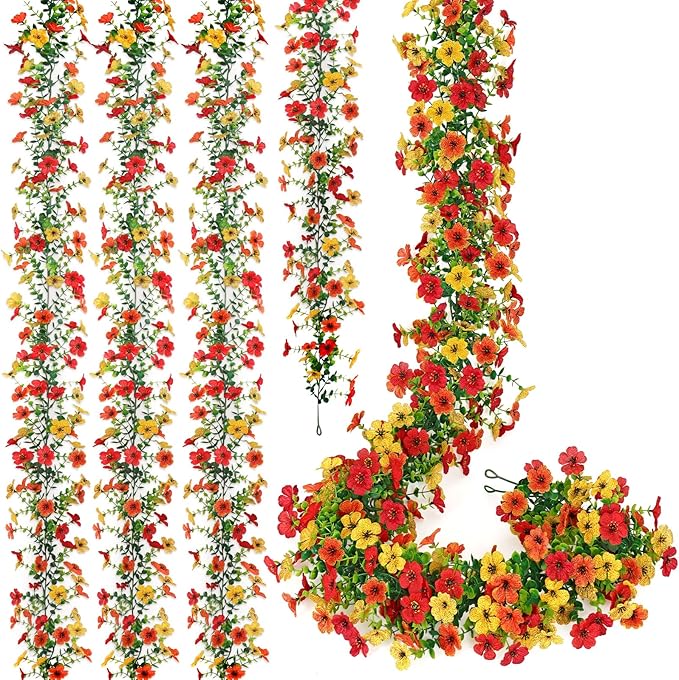 4 Pack Artificial Flowers Garland Ivy,Spring Summer Decor UV Resistant Fake Daisy Vines Floral Vine Silk Hanging Flower for Decor Home Garden Wedding Photo Booth Backdrop (Red Orange Yellow)