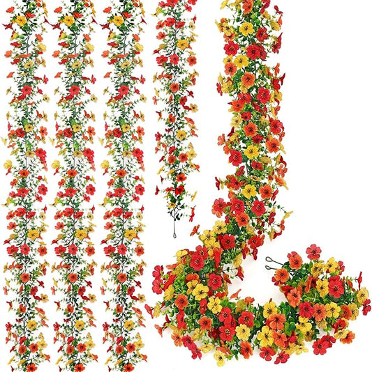 4 Pack Artificial Flowers Garland Ivy,Spring Summer Decor UV Resistant Fake Daisy Vines Floral Vine Silk Hanging Flower for Decor Home Garden Wedding Photo Booth Backdrop (Red Orange Yellow)