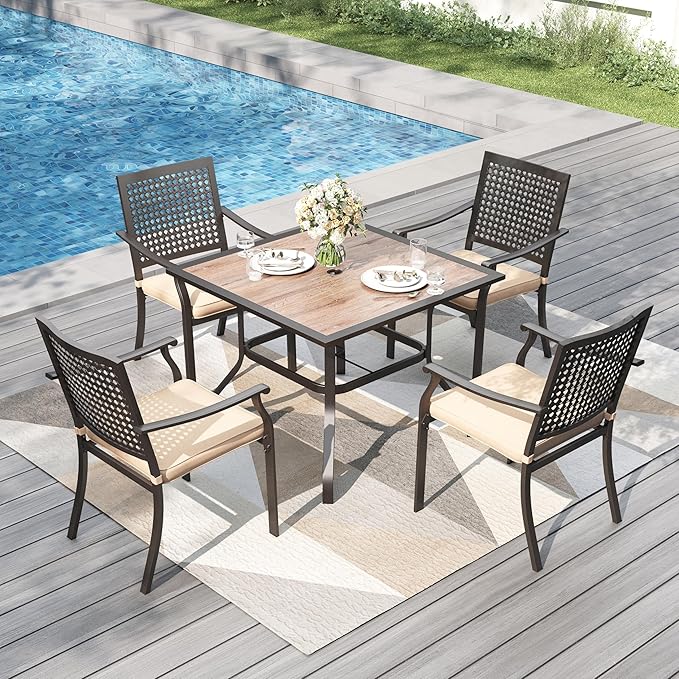 PHI VILLA 5 Pieces Outdoor Dining Set for 4, Stackable Chairs with Cushions & 37" Square Patio Wood-Like Table with Umbrella Hole, Modern Furniture Set for Deck, Patio,Yard,Porch