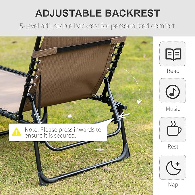 Outsunny Chaise Lounge Chair Outdoor, 5-Position Adjustable Sun Tanning Chair with Carrying Handle and Side Pocket, Folding Bed Cot with Removable Pillow for Garden, Beach, Patio, Pool, Camp, Brown