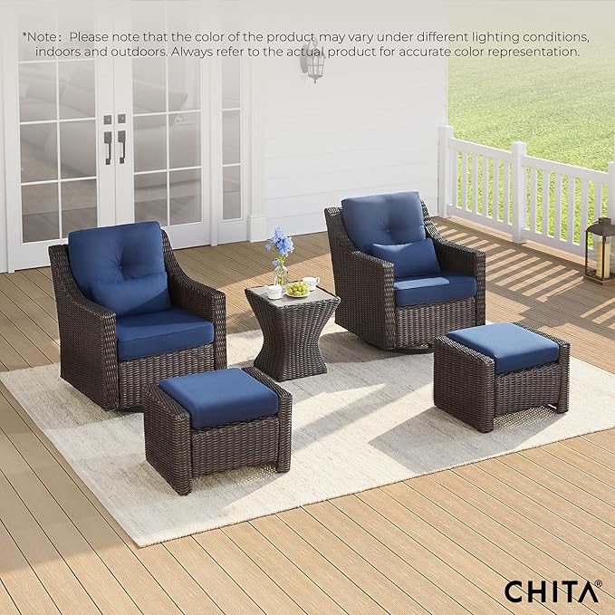 CHITA 5 Pieces Swivel Wicker Patio Furniture Set, Outdoor Conversation Set with 2 Pieces Rattan Rocking Swivel Chairs, 2 Pieces Ottomans, Thickened Cushions and Side Table