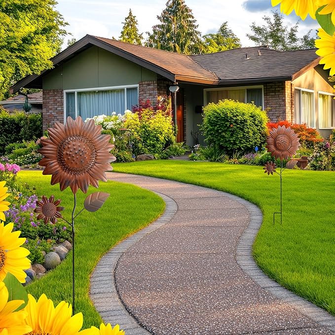 Silkfly 2 Pack Metal Sunflowers Outdoor Decor 22 Inch Vintage Rust Sunflower Decorative Garden Stakes for Outside Metal Flowers Yard Decor Art Spring Lawn Porch Patio Deocrations