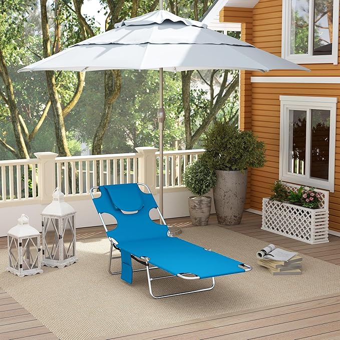 Outsunny Chaise Lounge Chair Outdoor with Face Arm Hole, 5-Position Reclining Face Down Tanning Chair with Carry Strap, Side Pocket, Portable Folding Bed Cot for Patio Beach Pool, Light Blue
