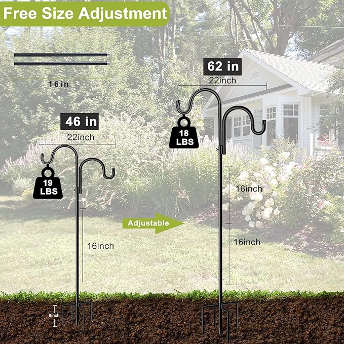 Double Shepherds Hook for Outdoor,62 Inch Bird Feeder Pole with 5 Prongs Base, Heavy Duty Adjustable Garden Hook for Hanging Plant, Solar Light, Lantern, Weddings Decor, Hummingbird Feeder(1 Pack)