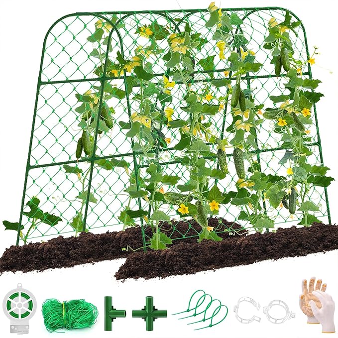 Cucumber Trellis for Raised Bed, U-Shape Garden Trellis for Climbing Plants Outdoor, Adjustable Metal Arch Vegetables Trellis with Climbing Net for Tomato, Bean, Grape, Zucchini
