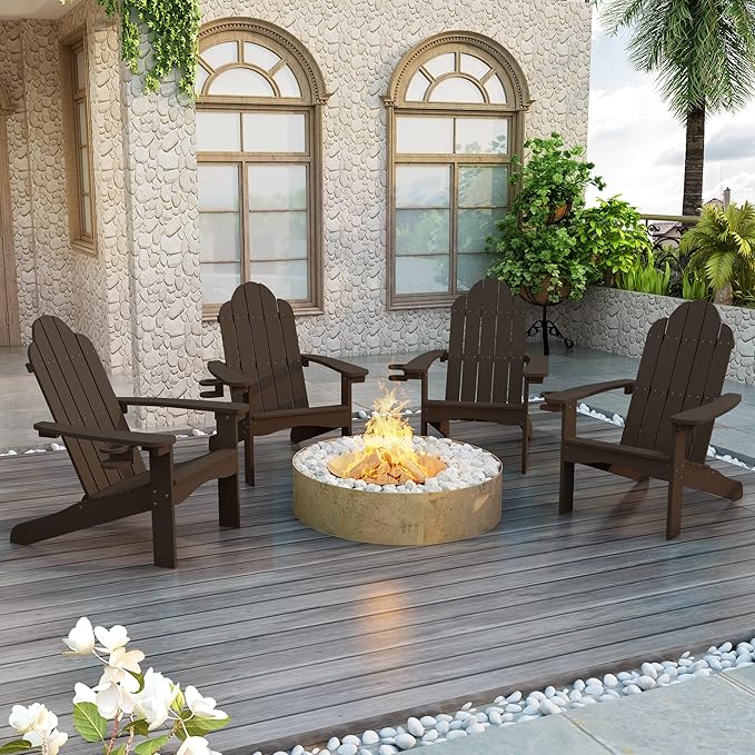LUE BONA HDPS Adirondack Chairs, Fire Pit Outdoor Chair Weather Resistant with Cup Holder, Modern Plastic Chair Plastic for Patio, Deck, Proch, 350LBS, Dark Brown