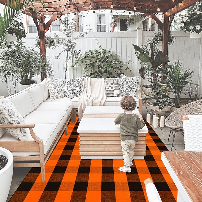 Fall Outdoor Rug Orange Buffalo Plaid Outdoor Rug Cotton Hand-Woven Buffalo Check Rug Layered Doormats for Front Door/Front Porch/Farmhouse/Entryway/Patio