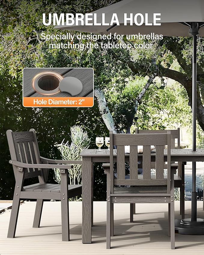 YEFU HIPS Patio Table Set: 7 Piece Outdoor Table and Chairs Dining Furniture Set with Umbrella Hole - Gray Modern Plastic Dining Sets 6 Person for Outside Deck with Metal Aluminum Frame