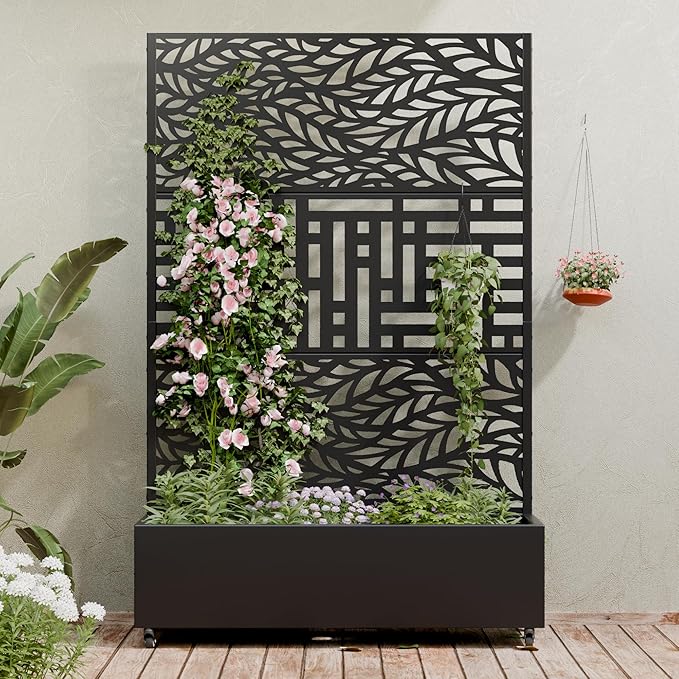 Casaphoria Metal Raised Garden Bed with Trellis and Wheels, 72"x47"x16" Planter Box for Climbing Plants, Vegetables & Vines, Features Drainage Holes and Privacy Screen, Black(Spring&Helen)