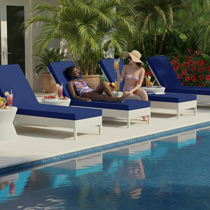 Chaise Lounge Cushions Outdoor Set of 4 - Waterproof and Fade Resistant Sun Lounger Replacement Cushions - Patio Lounger Pads with Removable Cover for Pool, Deck, 80 x 26 x 3 Inch, Navy