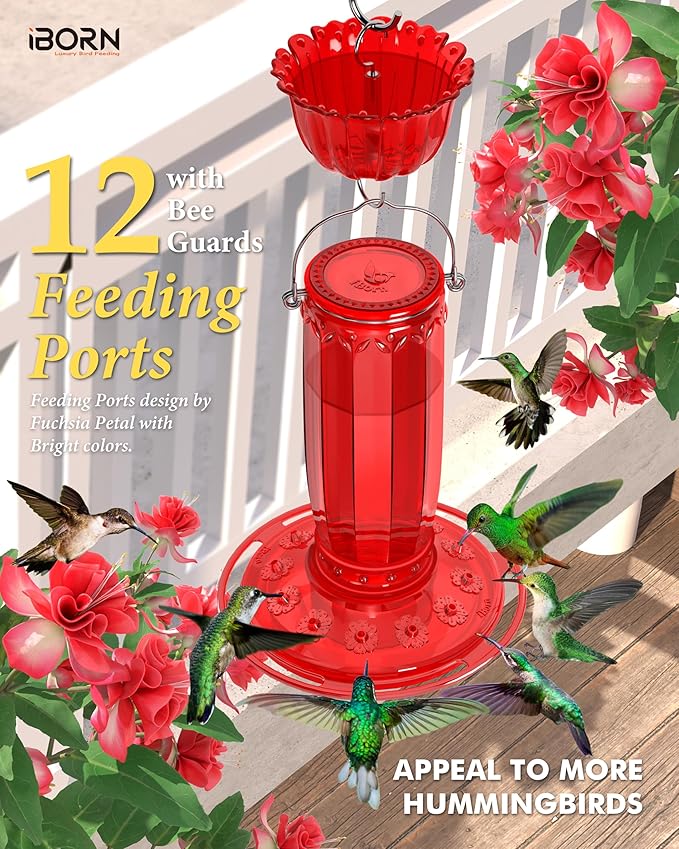 iBorn Hummingbird Feeders for Outdoors Hanging with Ant Moat for Hummingbird Feeder Glass 12 Ports for 16oz Humming Bird Nectar, Red Glass, Pack of 1