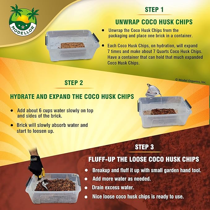 MODELLOR Premium Super Washed, Clean, Coco Chips, 2 Bricks (2.2 lb.) yields 14 Qts. of Loose Chips. Plant Substrate, Organic, Reptile Bedding, Odor Absorbing, Grow Orchids, Mulch Indoor, Outdoor.