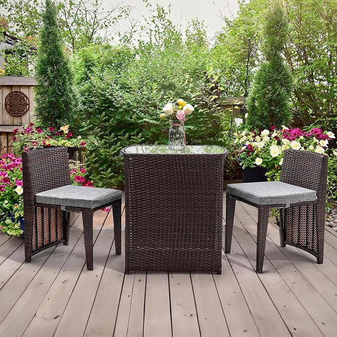 Bonnlo 3 PCS Wicker Outdoor Patio Bistro Set, Patio Furniture Set for Small Space with Glass Top Table Dining Chairs, Balcony Furniture Patio Table and Chairs Set of 2 for Garden Yard Porch (Brown)
