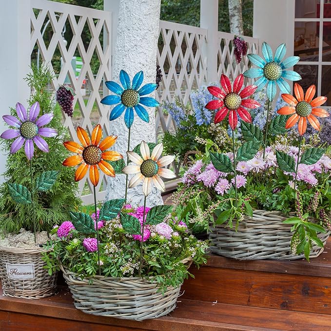 Metal Flowers for Outside,8 Pack 16.15" Decorative Garden Stakes with Swaying Flowers Head Yard Art,Spring Garden Decor for Lawn, Pathway & Garden